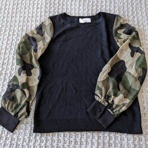 Sixty Fifty Clothing black sweater with camo sleeves